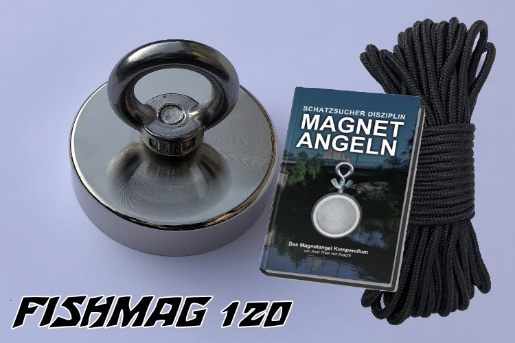 Bergemagnet FISHMAG 120 mit Nylonseil und Magnetangelbuch