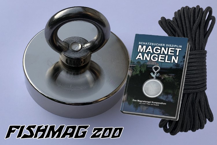 Bergemagnet FISHMAG 200 mit Nylonseil und Magnetangelbuch